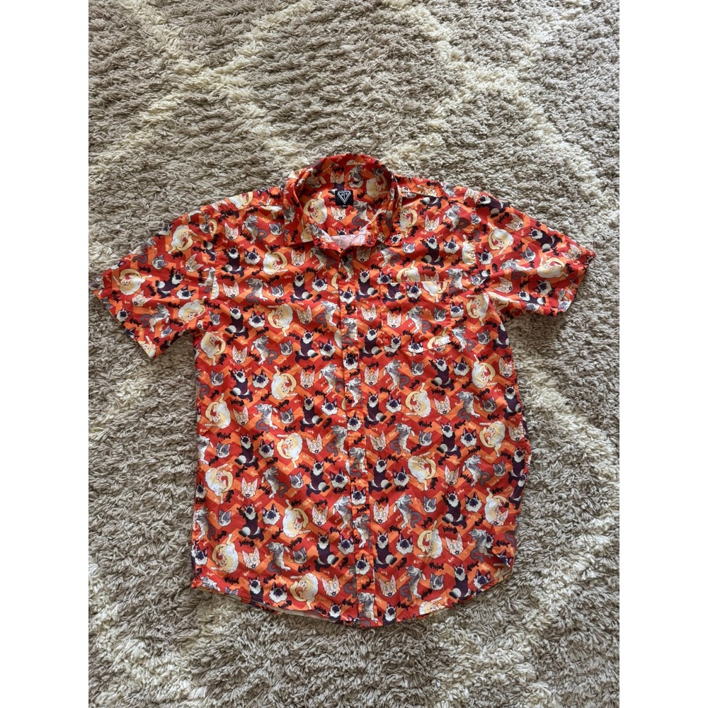 And This Is‎ Swag ATS Mens XL Short Sleeve Button Down Shirt Orange Cartoon Cat